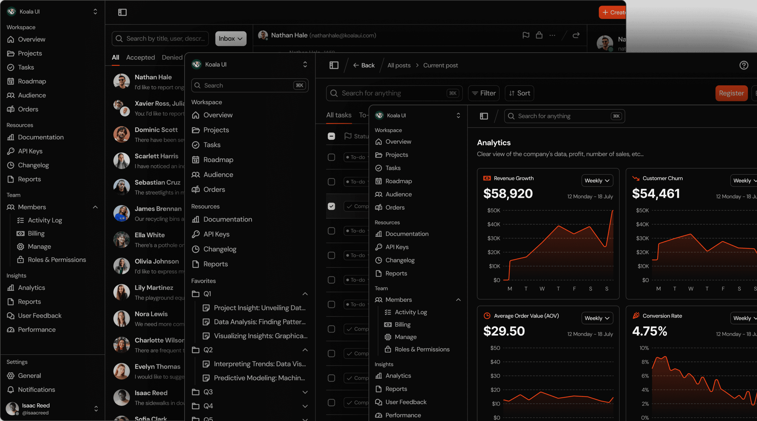 Koala UI app screens in the dark theme: a task inbox, a blog admin and an analytics dashboard