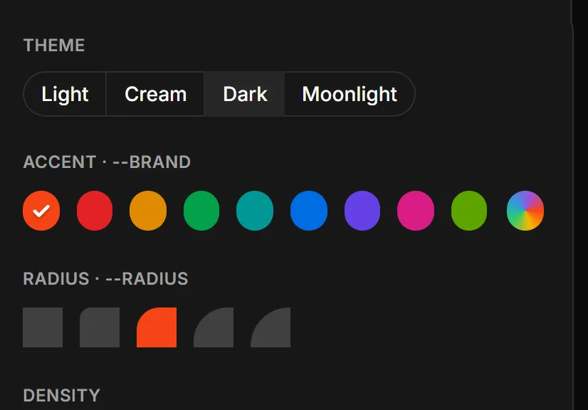 The theme playground's controls: theme, accent, radius and density