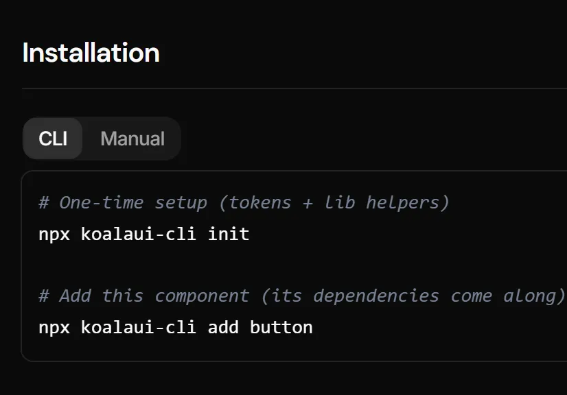 The Button docs page: the two Koala UI CLI commands that install it