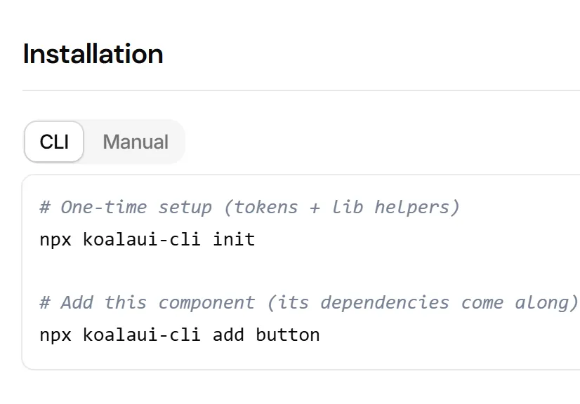 The Button docs page: the two Koala UI CLI commands that install it