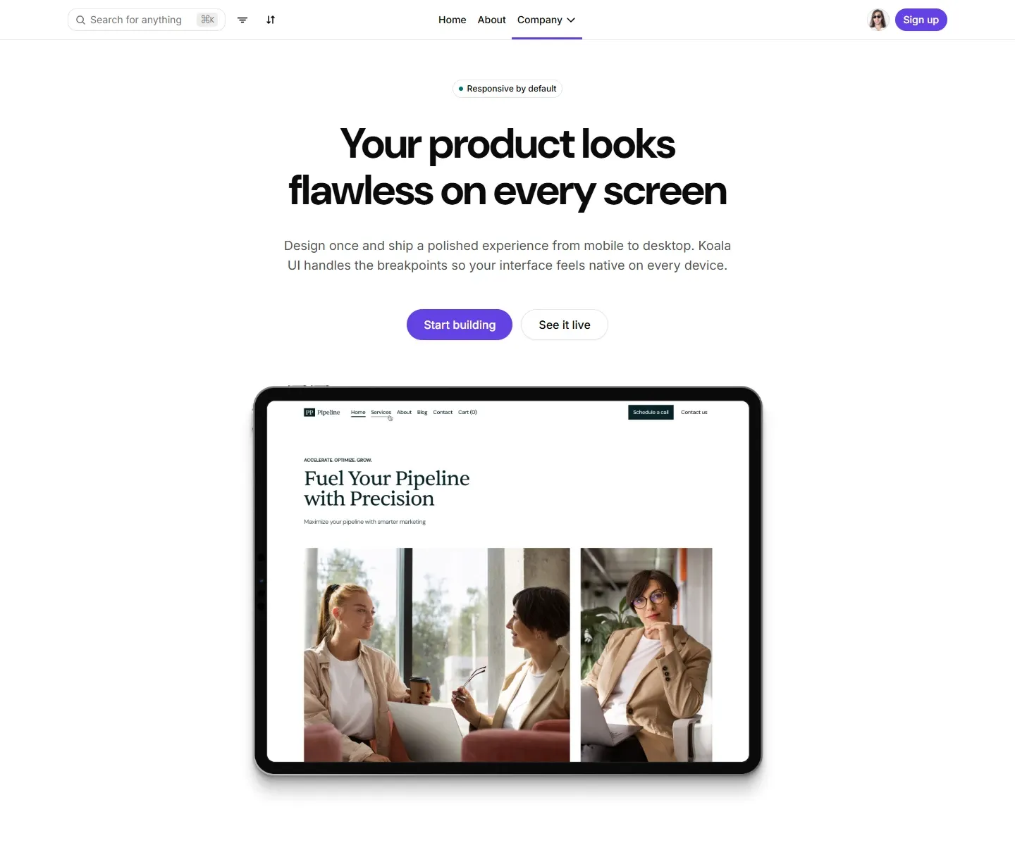 Home page concept built from Koala UI sections, in the Light theme with a violet accent