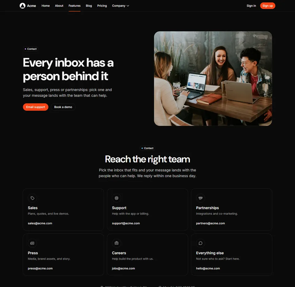 A contact page: a photo beside the heading, then a card per inbox