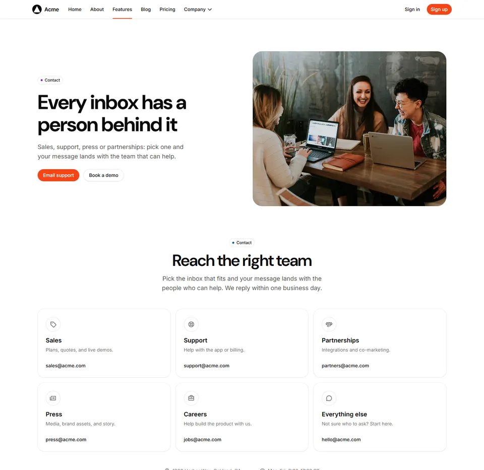 A contact page: a photo beside the heading, then a card per inbox