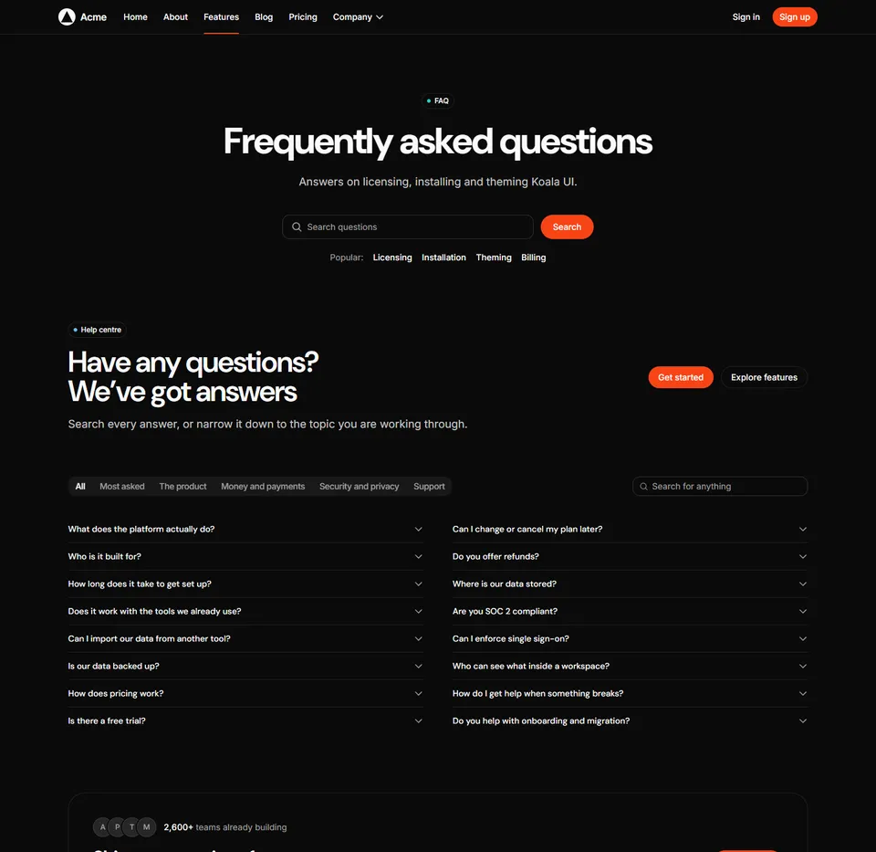 A FAQ page: a search field over the questions, grouped by topic