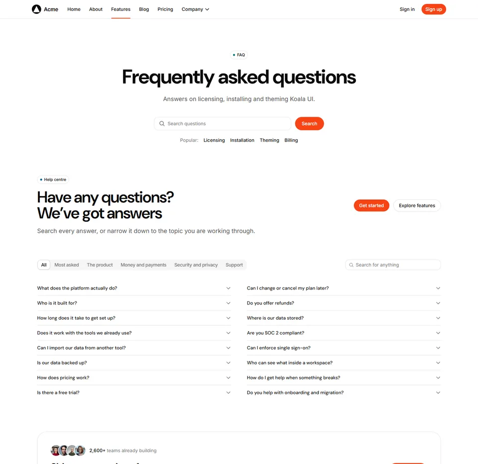 A FAQ page: a search field over the questions, grouped by topic