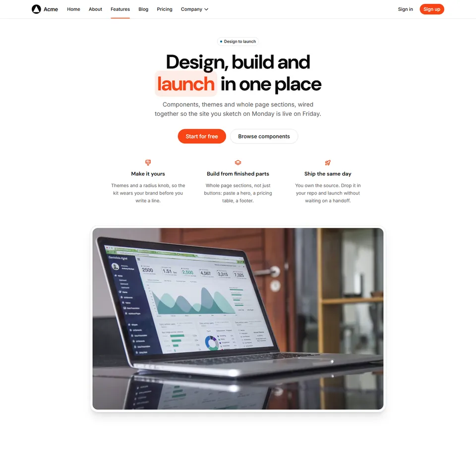 A landing page: a centred hero over a laptop photo