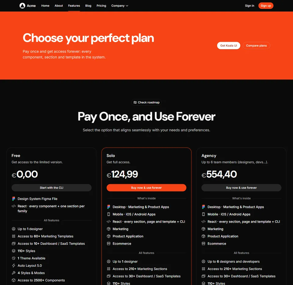 A pricing page: a brand header over three plans